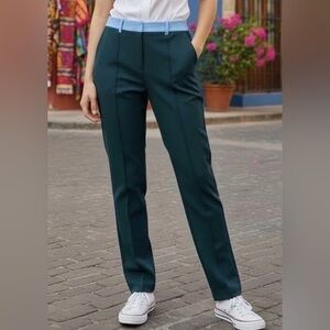 TORY BURCH SPORT TECH STRETCH TWILL GREEN with SKY BLUE WAISTBAND PANT- NWT 6